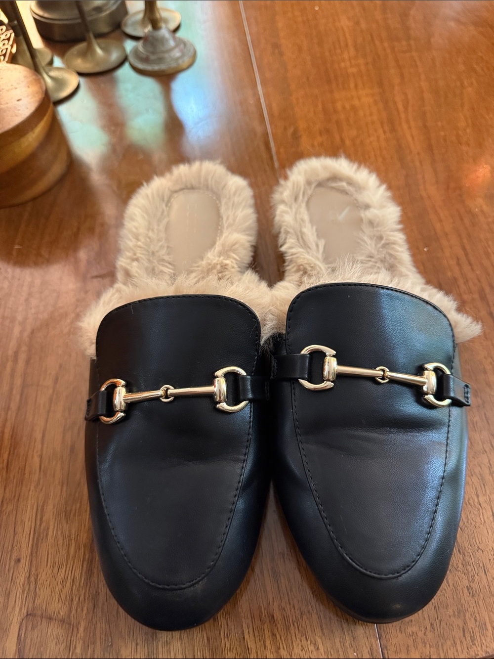 BCBG Black Leather Fur-Lined Horsebit Mules